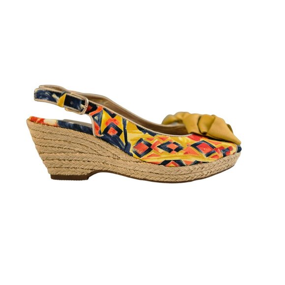 Sofft 9.5 Women's Marcela Floral Peep Toe Wedge Slingback Orange Mustard Bow - Picture 5 of 7